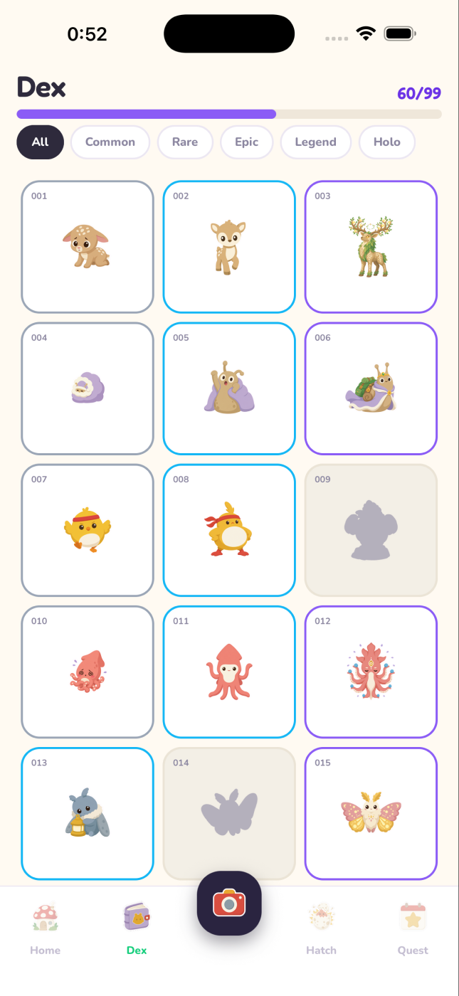 The Dex collection screen