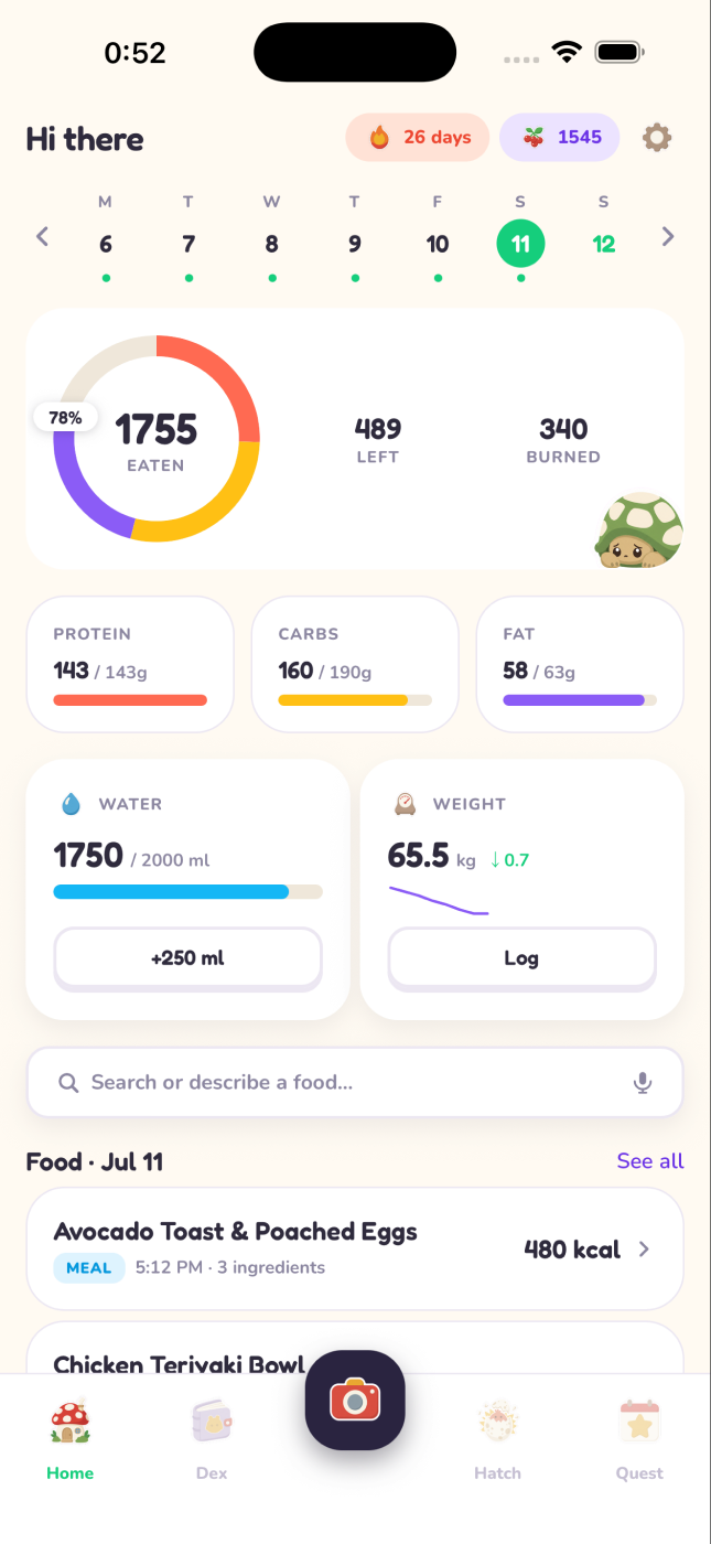 Home screen with calorie rings